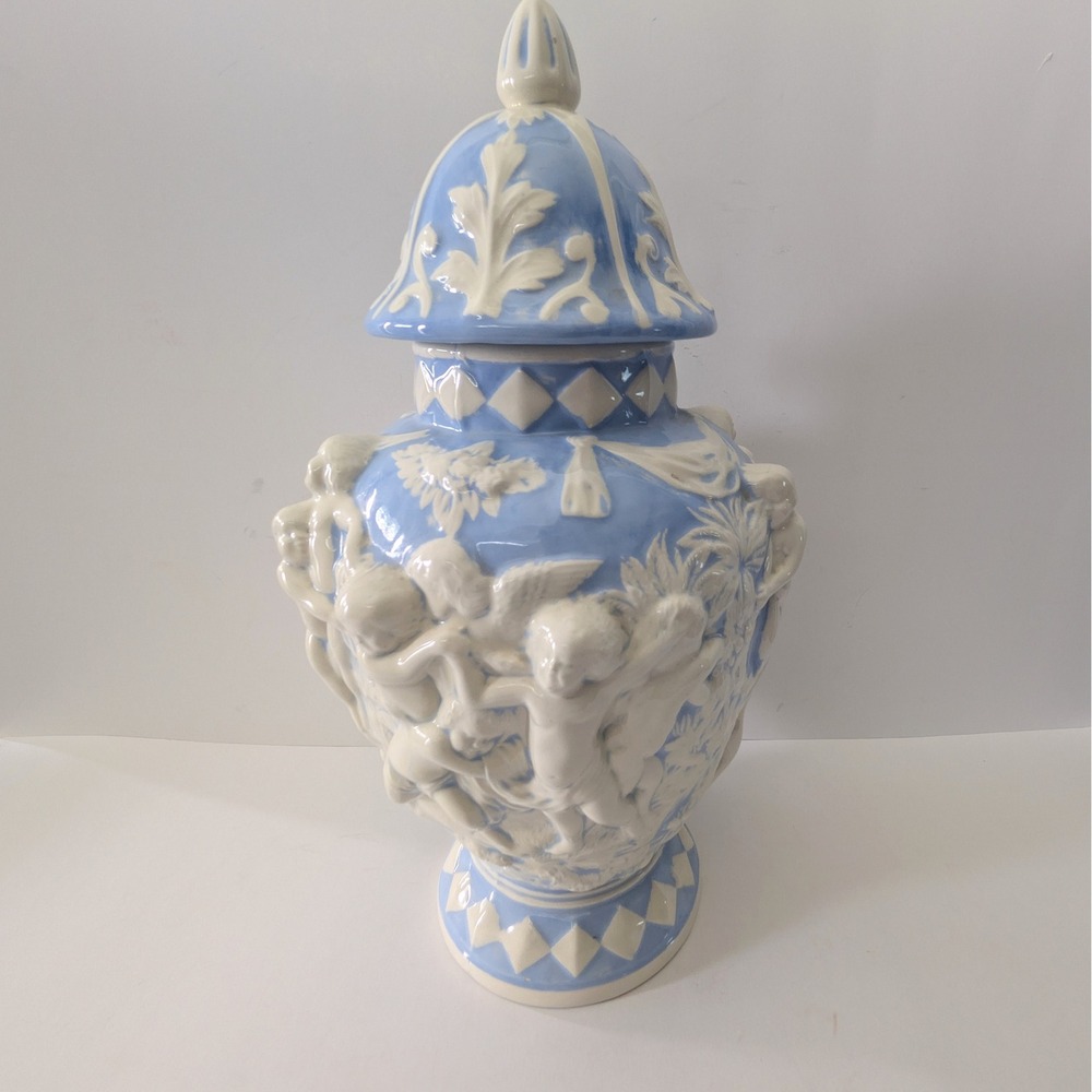 Blue and White Ceramic Cherub Ginger Jar Ornate Relief Urn w Lid 15i" by E
Lowe